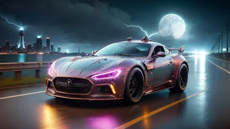 Hyperrealistic art a sci-fi future sportscar in random colors passing by, (camera from front:1.3), light speed, neon, flash, motion trail, (stars and a future City in the background:1.3), motion blur, epic visual effects, interstellar, flow, detailed, scifi, star blast, dark vibrant colors, cosmic art, stars in background, cinematic scene, lens flare, god rays, glow, glowneon, glowing, sparks, fullmoon night, stormy weather, lightning, ultra detailed , dramatic lighting, shallow depth of field detailed background, dark noir style, HDR, RAW, ray tracing reflections, sharp focus, ultra realistic
<lora:dreamcolor:0.3> <lora:style:0.3> <lora:EDG_-_Test_Lora:0.3> <lora:SDXLHighDetail_v5:1> <lora:LowRA:1> <lora:ste4mpunk:1> . Extremely high-resolution details, photographic, realism pushed to extreme, fine texture, incredibly lifelike