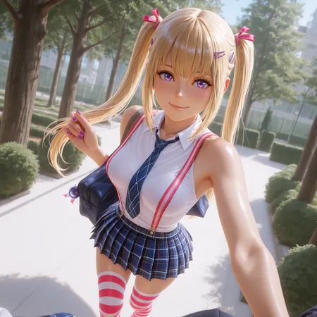 (masterpiece, best quality,solo,pov:1.4),highres,illustration,8k,Ultra_realistic,(foreshortening, collarbone),(shiny_eyes,sparkling_eyes,smile,hug:1.2),
Asuka Anders,striped clothes,thighhighs,twintails,purple eyes,blonde hair,striped thighhighs,suspenders,necktie,skirt,sleeveless,plaid skirt,marie rose,feet,hair ornament,hairclip,school uniform,plaid,upskirt,long hair,long hair,pleated skirt,purple nail polish,collared shirt,sleeveless shirt,bag,zettai ryouiki,
medium breasts,bouncing breasts,outdoors,school,tree,bush,<lora:aidmaImageUpgrader-v0.3-IL:0.6>,<lora:Asuka_Anders(IL):0.85>,