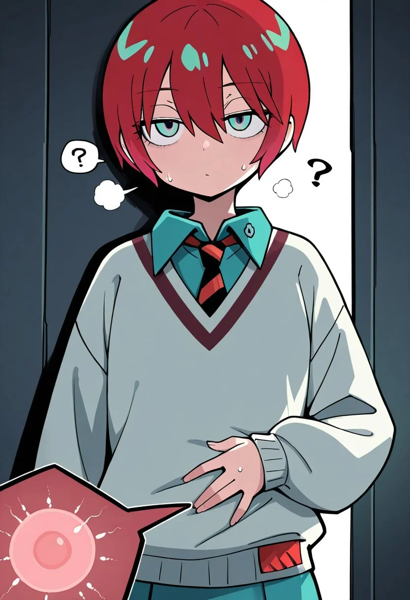 1girl, solo, gundam_gquuuuuux_amate_yuzuriha, red hair, short hair, hair between eyes, green eyes, school uniform, ?, impregnation, terada tera, terada tera \(style\), hand on own stomach, sweat,
masterpiece, best quality, amazing quality, very aesthetic, absurdres, newest,