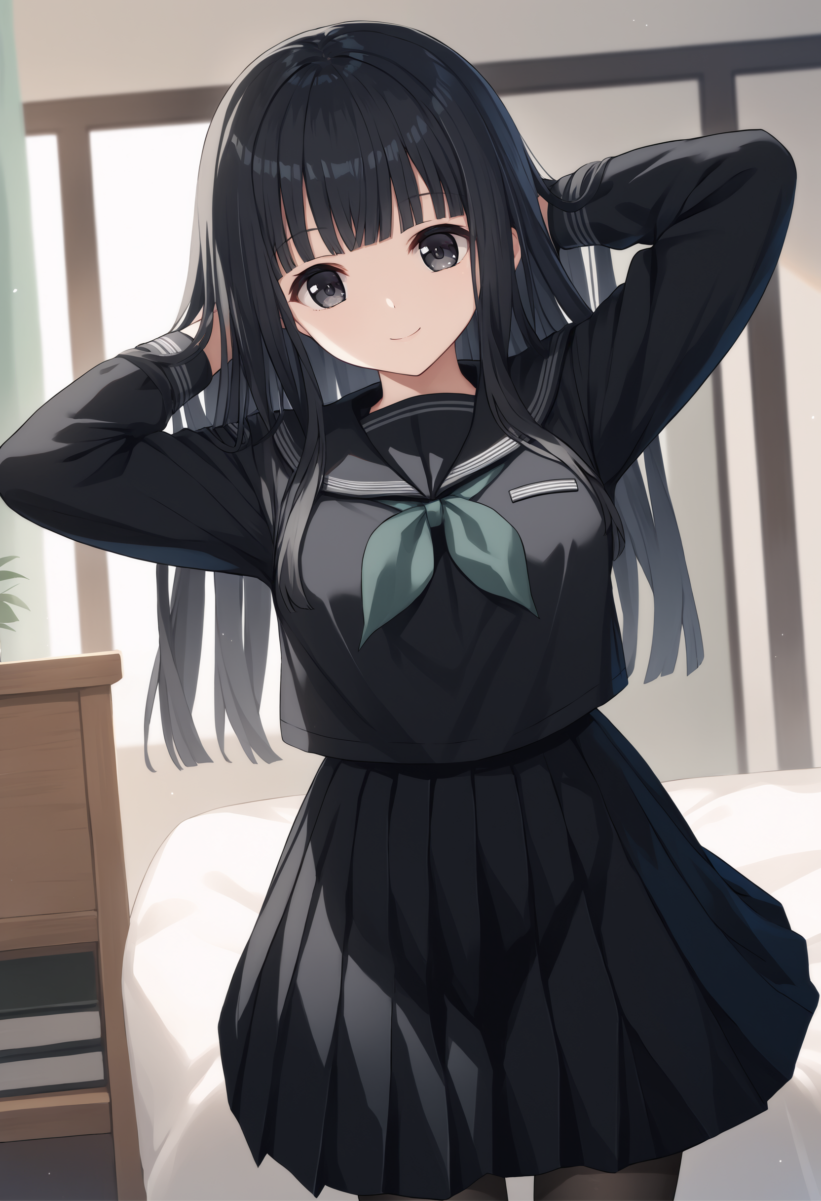 score_9, score_7_up, 1girl, Rinne, black hair, long hair, black eyes, black serafuku, green neckerchief, long sleeves, black skirt, black pantyhose, solo, looking at viewer,  arms behind head, light smile, indoors,    <lora:Rinne new 2:1>