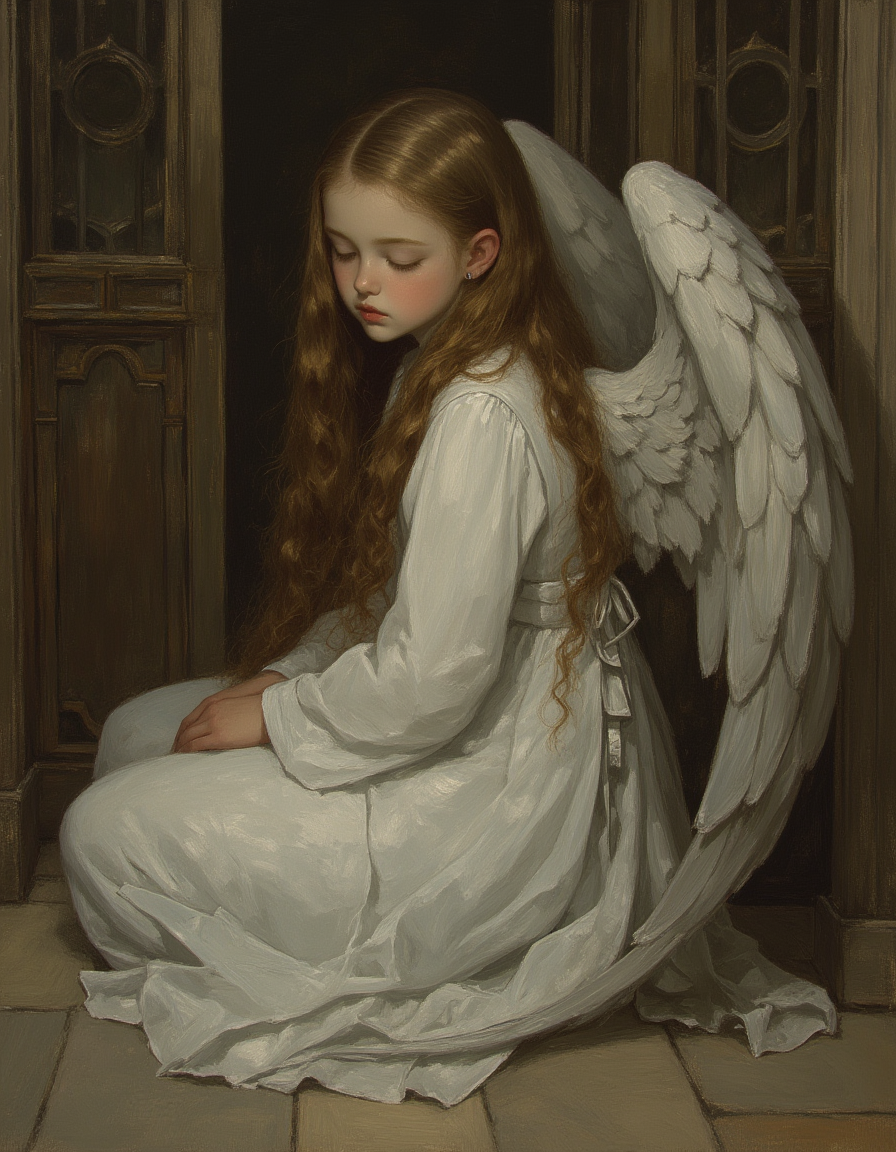 ethereal beautiful 12 year old female angel with large ethereal wings, wearing silver and white robes, in a church, half body portrait, pious look, innocent, realistic, catholic motifs, romantic, enlightenment art, enlighten, holy girl, pale skin, white skin, long brown hair, glow, painted by John Singer Sargent, Rembrandt lighting, brush stroke, focus on the girl, novuschroma, vantablack, niji_flux <lora:- Flux1 - vanta_black_V2.0:.8> <lora:113_novuschromaFLX_1:.4>  <lora:MoriiMee_Gothic_Niji_Style__FLUX_LoRA_Test_2:1> <lora:neeeg_f1:-1>
