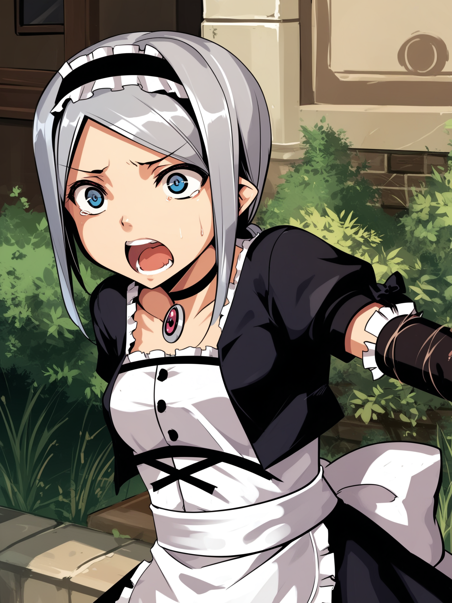 <lora:happy_tentacle-leia-v0.1-000033:0.9>, ht_leia, silver hair, blue eyes, maid, maid headdress, arm garter, elbow sleeve, short sleeves, black thighhighs, pendant choker, cropped jacket, tied jacket, garter straps, black skirt, bow, waist apron, , outdoors 1girl, solo, upper body , , (screaming :1.1), , , standing , facing viewer , score_9, score_8_up, score_7_up, score_6_up, score_5_up, score_4_up
