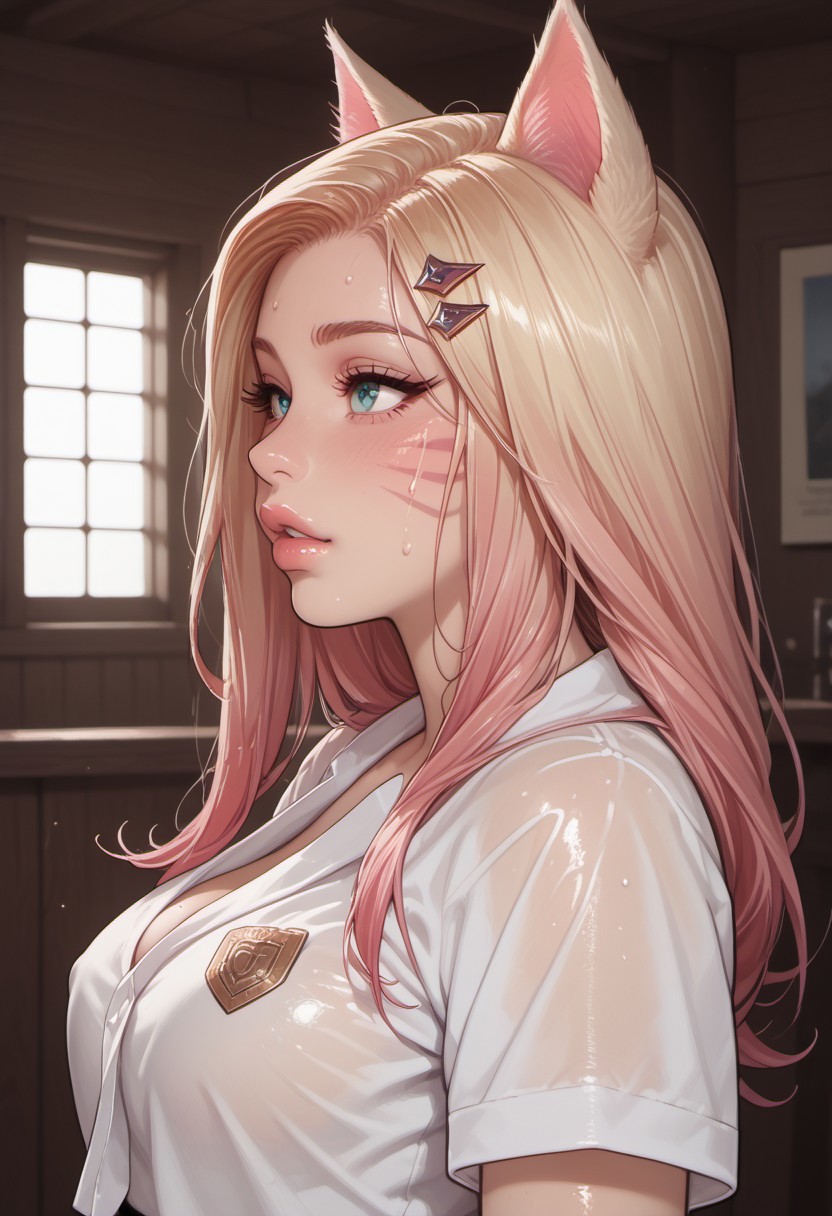 masterpiece, best quality, very aesthetic, score_9, score_8_up, score_7_up, score_6_up BREAK,
aanix_ahri, realistic skin, sweat skin, sweaty drops, glistening drops, ultra realistic sharp skin, quad hd, raytracing, ambient occlusion, shaft of light, blurred background, chromatic aberration, side view, slender waist,
 Sunlight falls through the windows, creating a soft, pastel-colored, vintage-style atmosphere. good lighting, well lit room,school uniform