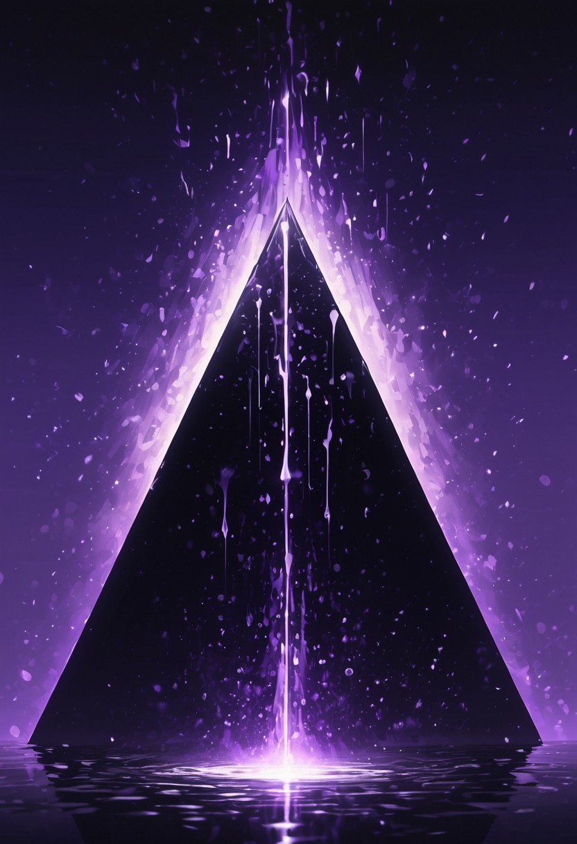 (masterpiece), best quality, Symphtia-Style, Anime, (Floating Pyramid, Dripping Liquid), Black Background, No Humans, Black and Purple Theme, (Ancient Runes, Glowing Runes, Light Refraction), Above A Pillar, Symphtia-Style, Zyrnox-Exoterra Style
