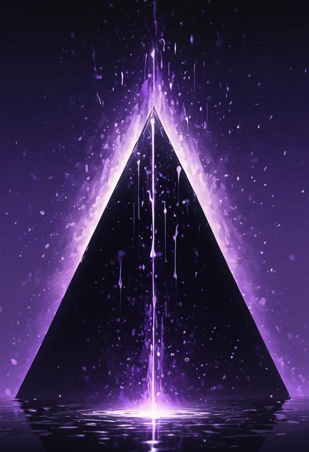 (masterpiece), best quality, Symphtia-Style, Anime, (Floating Pyramid, Dripping Liquid), Black Background, No Humans, Black and Purple Theme, (Ancient Runes, Glowing Runes, Light Refraction), Above A Pillar, Symphtia-Style, Zyrnox-Exoterra Style