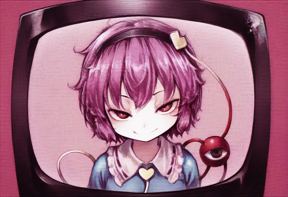 best quality, masterpiece,
1girl, solo,
komeiji satori, looking at viewer, smug, smile,
raised eyebrows, upper body, third eye,
television, scanlines, crt,