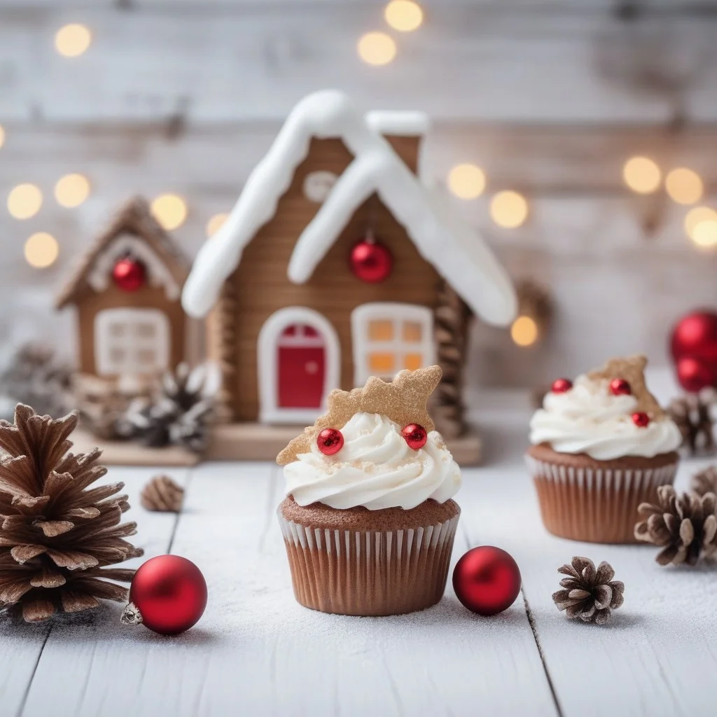 Christmas cupcakes with WHITE frosting and cute GINGERHOUSE on, 
on white wood rustic table, 
Decoration with natural elements, 
twigs, 
pine cones and cookies panorama with magic bokeh lihgts, 
red shiny ornaments, 
snowing