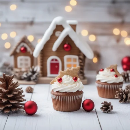 Christmas cupcakes with WHITE frosting and cute GINGERHOUSE on,
on white wood rustic table,
Decoration with natural elements,
twigs,
pine cones and cookies panorama with magic bokeh lihgts,
red shiny ornaments,
snowing
