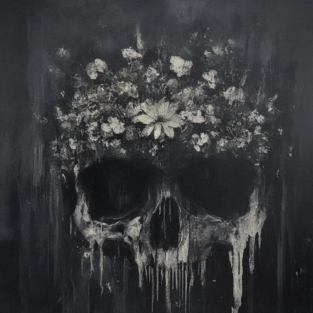 novuschroma64 style, one half of a human skull which has been fractured and detoriated after many long years