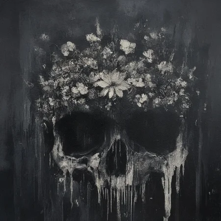 novuschroma64 style, one half of a human skull which has been fractured and detoriated after many long years