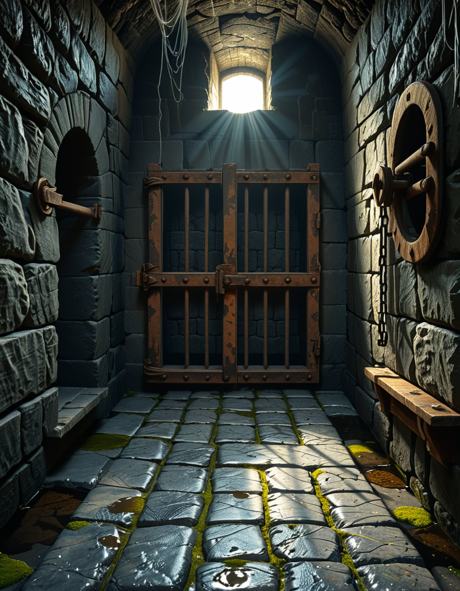 A highly detailed, hyper-realistic photograph of a dark medieval dungeon prison cell. The scene is dimly lit by a single flickering torch mounted on a damp stone wall, casting eerie shadows across the rough, moss-covered stones. Heavy, rusted iron bars form the cell door, slightly ajar, with visible corrosion and ancient padlocks. Inside the cell, there is a straw-covered floor, old wooden buckets, and a crude, splintered wooden bench against the back wall. Chains and manacles hang loosely from the walls, showing signs of long-term use. The atmosphere is cold, humid, and oppressive, with faint light rays piercing through tiny cracks in the stone ceiling. Cobwebs stretch across the corners of the cell, and faint water drips from above, creating small puddles. The overall mood is grim, desolate, and foreboding. Photorealistic style, with high dynamic range (HDR) lighting and extreme attention to textures like rust, moisture, and decay.
<lora:SDXLFaeTastic2400:0.4> <lora:extremely_detailed:0.4> extremely detailed,<lora:medieval_dungeon_pr1s0n_c3ll:1>,medieval dungeon pr1s0n c3ll, Masterpiece,best quality,hi res,8k,hi res,8k,award winning,(sharp focus, intricate, highly detailed),