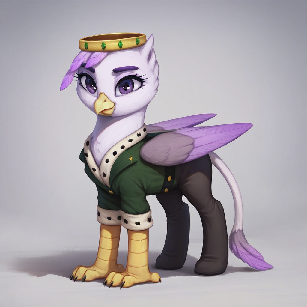 masterpiece, score_9_up, score_8_up, score_7_up, score_6_up, (best quality:1.1), ultra-detailed, high resolution, solo, Taillow Sumpfkiel, countess, griffon, griffon oc, mlp, avian, feral, female, (((beautiful detailed purple eyes))), long eyelashes, purple eyebrows, yelow beak, wings, closed mouth, smile, white feathers, feathery ears, pink feather hair, modest gold crown, green royal clothes, white collar with black dots, detailed facial features, full body, expressiveh, simple background, highly visible, sharp focus, anatomically correct