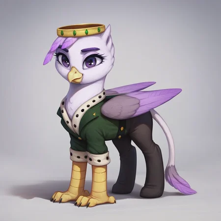 masterpiece, score_9_up, score_8_up, score_7_up, score_6_up, (best quality:1.1), ultra-detailed, high resolution, solo, Taillow Sumpfkiel, countess, griffon, griffon oc, mlp, avian, feral, female, (((beautiful detailed purple eyes))), long eyelashes, purple eyebrows, yelow beak, wings, closed mouth, smile, white feathers, feathery ears, pink feather hair, modest gold crown, green royal clothes, white collar with black dots, detailed facial features, full body, expressiveh, simple background, highly visible, sharp focus, anatomically correct