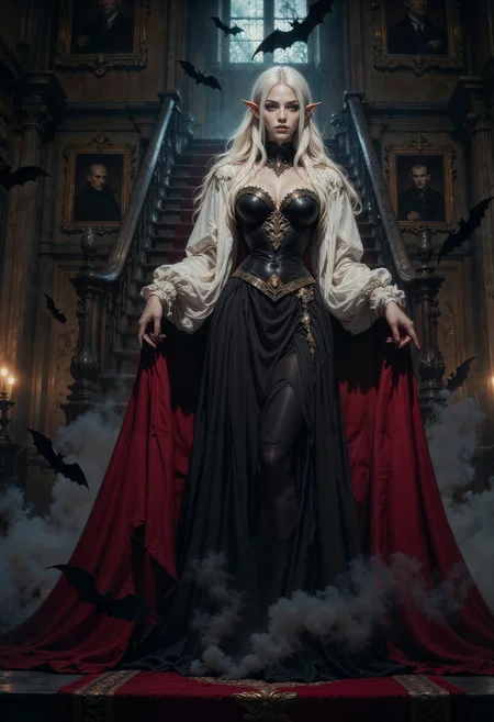 close up, highly detailed. A vampiric figure, standing in an imposing, gothic interior, likely the grand staircase of a dark, aristocratic mansion. The character exudes an air of elegance and supernatural power, with pale, porcelain-like skin and flowing white hair cascading down her back. Her pointed ears and red eyes confirm her vampiric nature, and her fangs are subtly visible, adding to the sense of danger. She wears a refined outfit: a ruffled white blouse with voluminous sleeves, combined with a dark corset and a flowing black skirt, adorned with a deep red cape that adds a regal touch to her appearance. Her posture is poised, with her arms raised as though she is conjuring or commanding the dark mist swirling around her. The shadowy fog at her feet envelops the scene, from which black bats are emerging, flying into the air as if summoned by her will. These bats further enhance the gothic and supernatural atmosphere of the scene. The setting is dimly lit, with the red carpeted stairs and shadowy portraits on the walls contributing to the haunting and aristocratic ambiance. The image evokes a sense of dark beauty and mystery, portraying the character as a powerful, enigmatic vampire, possibly the matriarch of this eerie and grand domain.