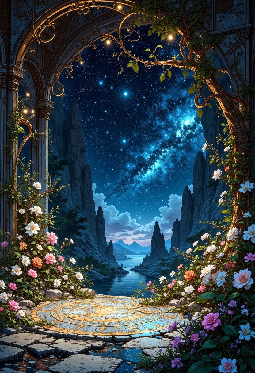 The Voidspire Conservatory of Broken Time
Suspended over an endless abyss, this ballroom is carved into a floating spire, surrounded by a network of interlocking brass rings and shattered constellations. The floor is an intricate clockwork mechanism, with glowing runes ticking forward and backward at random. Silver vines stretch into the void, blooming with flowers that absorb starlight and emit ghostly whispers. A scent of antique parchment, cold midnight air, and forgotten spells lingers in the space.