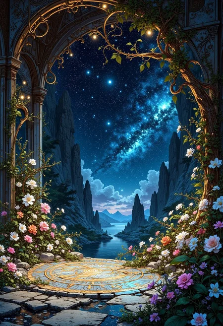 The Voidspire Conservatory of Broken Time
Suspended over an endless abyss, this ballroom is carved into a floating spire, surrounded by a network of interlocking brass rings and shattered constellations. The floor is an intricate clockwork mechanism, with glowing runes ticking forward and backward at random. Silver vines stretch into the void, blooming with flowers that absorb starlight and emit ghostly whispers. A scent of antique parchment, cold midnight air, and forgotten spells lingers in the space.