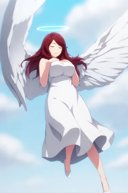 masterpiece, best quality, 1girl, solo, <lora:nakanorena-illu-nvwls-v1-000004:1> 5hrn, red hair, long hair, blue eyes, lips, white dress, sundress, spaghetti straps, big breasts, angel wings, closed eyes, smile, white background, clouds, hands on own chest, floating, bloom, full body, halo