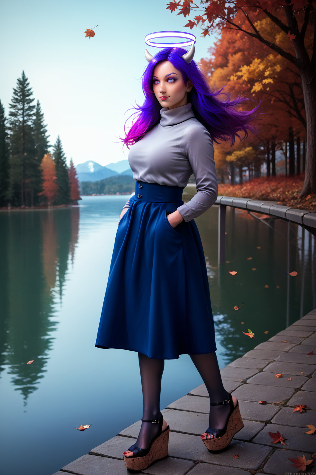 score_9, score_8_up, score_7_up, 1girl, source_anime, detailed, solo, 1RyS, heterochromia, purple eye, blue eye, horns, double halo, multicolored hair, purple hair, long hair, grey blazer, white turtleneck, high-waist skirt, blue skirt, pantyhose, hands in pocket, outdoors, autumn, lake, tree, mountain, falling leaves, wind, Wedge Heels, (Cork Wedges:1.3). Nail Polish, Toenail Polish.