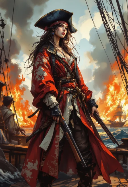 inksketch, A digital painting in the style of ck-js, portrait of a stunning chinese pirate woman, tricorne hat, bandana, holding flintlock musket, standing on deck of burning ship