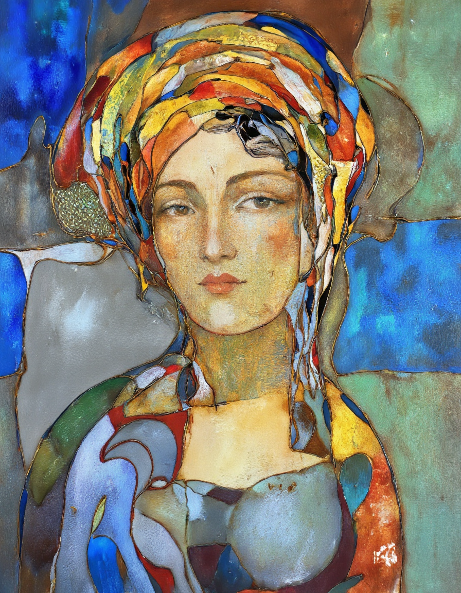 Art by Tigran Matulian. A vibrant, abstract painting of a woman's face and upper body, created with a blend of bright colors and textures. the woman, positioned in the middle of the image, appears to be a young adult, with a neutral expression. she has a slim body and is wearing a turban on her head, which is a vibrant mix of orange, yellow, green, and blue. her hair is styled in a way that frames her face, and her eyes are looking directly at the viewer. the background is a mix of abstract shapes and colors, including blues, greens, yellows, and oranges, creating a sense of depth and dimension. the painting is highly detailed and expressive, with the woman's facial features and clothing being the main focus of the composition.
