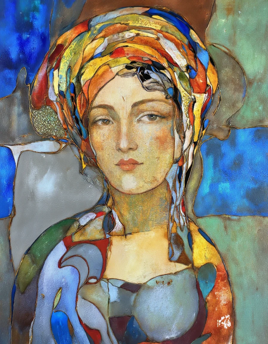 Art by Tigran Matulian. A vibrant, abstract painting of a woman's face and upper body, created with a blend of bright colors and textures. the woman, positioned in the middle of the image, appears to be a young adult, with a neutral expression. she has a slim body and is wearing a turban on her head, which is a vibrant mix of orange, yellow, green, and blue. her hair is styled in a way that frames her face, and her eyes are looking directly at the viewer. the background is a mix of abstract shapes and colors, including blues, greens, yellows, and oranges, creating a sense of depth and dimension. the painting is highly detailed and expressive, with the woman's facial features and clothing being the main focus of the composition.