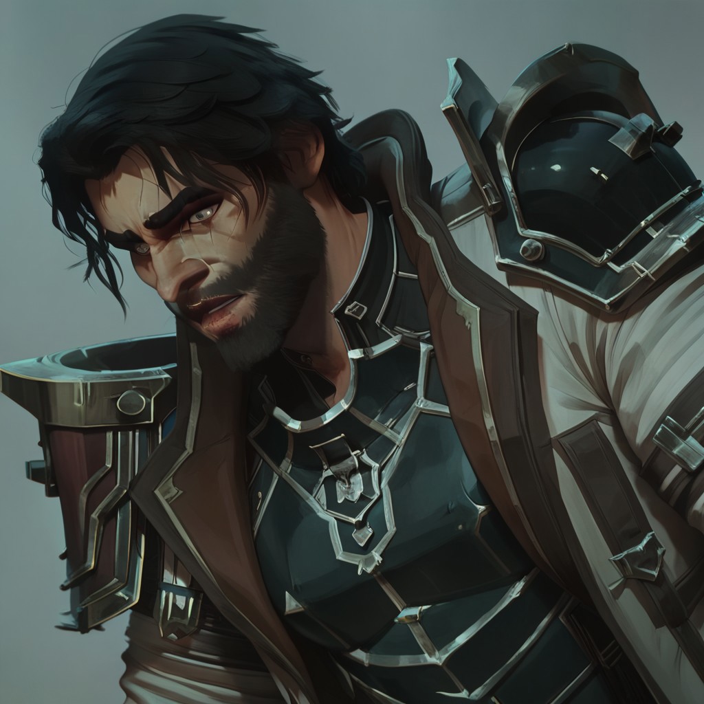 male focus, solo focus, solo, score_9, score_8_up, score_7_up, 1boy, ArcaneSurvivorJayceV1, male Focus, armor, black hair, facial hair, beard,