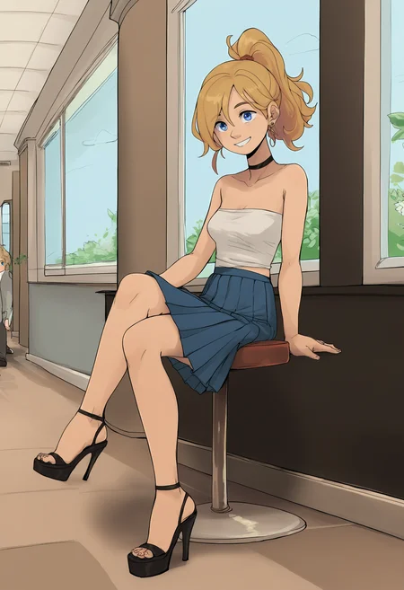 score_9, score_8_up, score_7_up, score_6_up, score_5_up, 1girl, solo, full body,
(source_cartoon),
<lora:Riley Ander (Inside Out) - Gnsisir Style:0.9>
Riley_Ander_Gnsisir, blue eyes, dirty blonde hair, ponytail, soft smile,
tube top, miniskirt, pleated skirt, high heels, sitting,
indoors, mall,
<lora:Expressive_H:0.7> Expressiveh,
<lora:add-detail-xl:0.9>