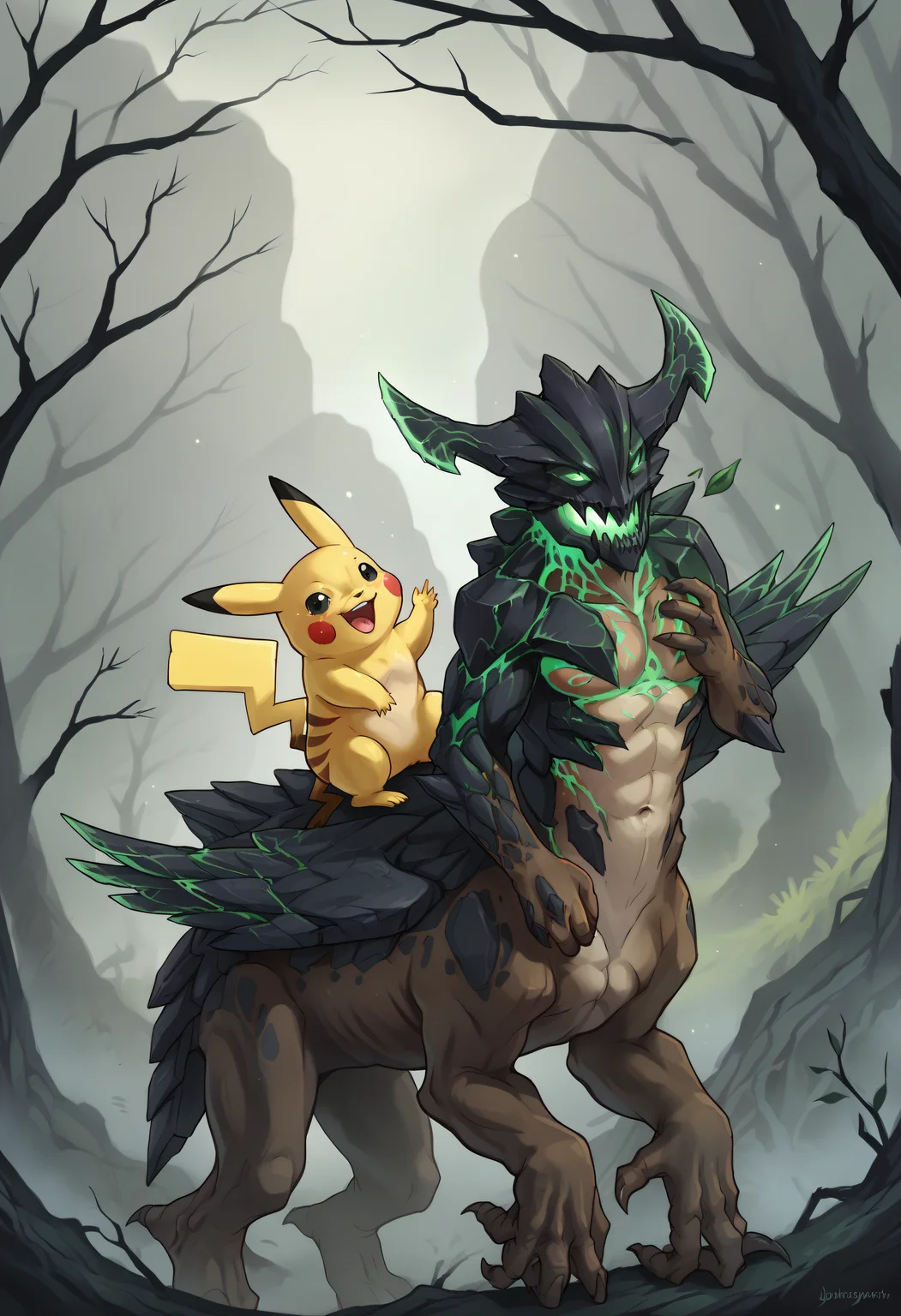 score_9, score_8_up, score_7_up, score_6_up, score_5_up, score_4_up, BREAK
2boys, forest, dead tree, BREAK
1boy, harbingerpdxl, green eyes, horns, helmet, male, green eyes, centaur, pegasus, wings, standing, looking at viewer, (monster), from side, <lora:HarbingerTheOutworldDestroyer2:0.9> BREAK
pikachu, sitting, riding, happy