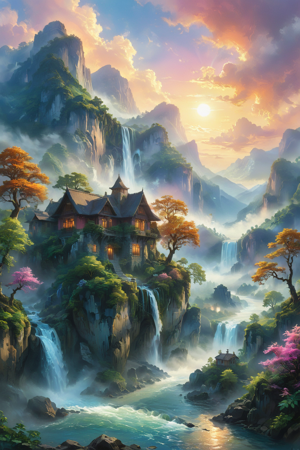 A breathtaking landscape painting featuring traditional houses nestled at the foot of towering, majestic mountains. A cascading waterfall flows down from the rocky cliffs, its mist mingling with the clouds that gently blanket the mountain peaks. The scene is alive with vibrant colors, the lush greenery of the forests, and the serene blue of the flowing river. Intricate details of the houses, with their quaint rooftops and rustic charm, add a sense of warmth and habitation to the grand natural spectacle. The sky is painted with a mesmerizing palette of twilight colors, with hues of pink, orange, and purple creating a stunning backdrop. The entire setting is enveloped in a mystical atmosphere, with soft sunlight breaking through the mist and clouds, casting an ethereal glow over the serene, picturesque scene.
<lora:ral-mtclniscp-sdxl:0.7> ral-mtclniscp,
<lora:add-detail-xl:1.0>,
<lora:EnvyBetterHiresFixXL01:1.0>,
<lora:extremely_detailed:1.0>, extremely detailed,
<lora:EldritchMixIllustration_1.1:0.35>,
<lora:xl_floating:0.7> floating island, surreal,
<lora:SDXLFaeTastic2400:0.6>