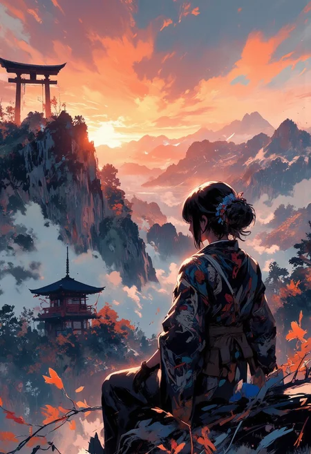 Mh1$AgThS2, intricate linework with expressive contrasts, soft lighting with dynamic highlights, Japanese woman sitting in front of a tori gate at the top of a mountain, overlooking wooded hills, landscape, sunset. Impressionistic, ligne claire outlines for clarity and structure, In the style of ff-td