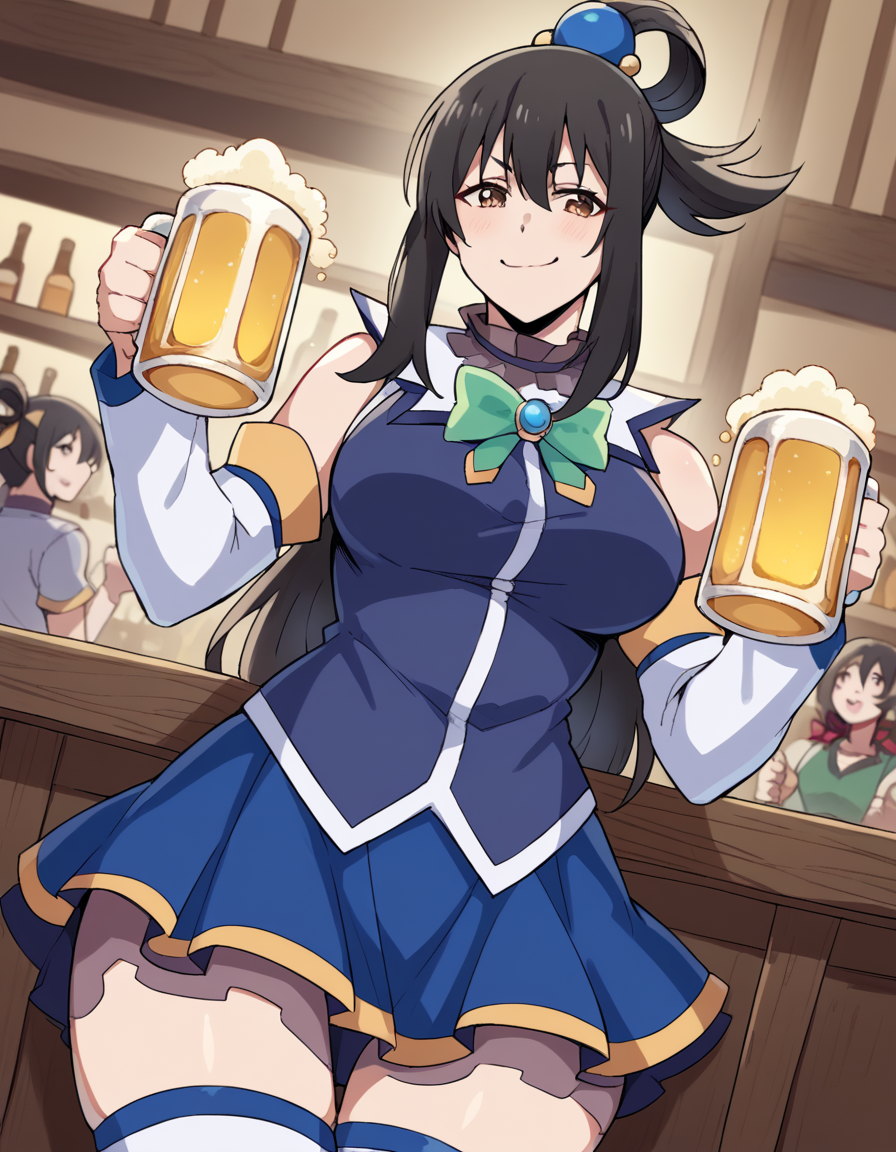 score_9, score_8_up, score_7_up, source_anime, <lora:uchika-hanesaki-s1-ponyxl-lora-nochekaiser:1>, uchika hanesaki, long hair, black hair, ribbon, brown eyes, hair ribbon, sidelocks, large breasts,, <lora:aqua-cosplay-ponyxl-lora-nochekaiser:1>, aqua cosplay, aqua (konosuba) (cosplay), skirt, shirt, thighhighs, bare shoulders, detached sleeves, white thighhighs, blue skirt, blue shirt, green bow,, bar, beer, beer mug, thumbs up, smile, smug, holding beer mug,,, , dutch angle, cowboy shot