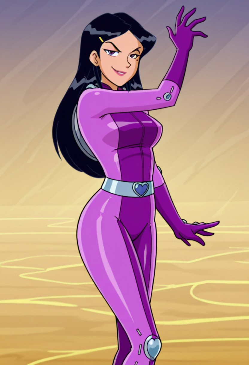 masterpiece, best quality, good quality, 1girl, solo, cartoon, parody, official style, mandy_totally_spies, black hair, long hair, purple eyes, mole under eye, hair ornament, purple bodysuit, sexy, large breasts, beautiful, detailed, high detailed, very beautiful, detailed face, detailed eyes, detailed hand, abstract background, neon, smile, smirk, posing, pose, looking at viewer, face focus