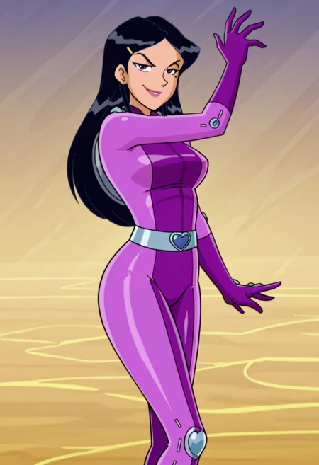 masterpiece, best quality, good quality, 1girl, solo, cartoon, parody, official style, mandy_totally_spies, black hair, long hair, purple eyes, mole under eye, hair ornament, purple bodysuit, sexy, large breasts, beautiful, detailed, high detailed, very beautiful, detailed face, detailed eyes, detailed hand, abstract background, neon, smile, smirk, posing, pose, looking at viewer, face focus