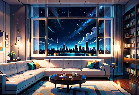 ((front view)), Shallow scene, ((animation style)), modern-style interior, with white walls, (large windows), a  study, Sofa, coffee table, bookcase, single wall, (gloomy room), Turn off the indoor lights , quiet and mysterious night sky, starry sky, city night view, (City high-rise building scenery), (City scenery outside the window)