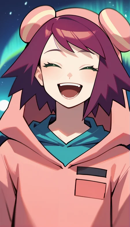 score_9,score_8_up,score_7_up,
<lora:soniastrumm:0.8>,
misorahibiki,
realistic,highres,
1girl,solo,
purple hair,short hair,bangs,
green eyes,
closed eyes,open smile,happy,
bear ears hooded hat,pink sweatshirt,a musical note printed on the hoodie,
long fingerless gloves,
green shorts,
portrait,face focus,
blurry background,outdoors,night,starry background,shooting star,starry night,bloom,light particles,lens flare,cloud,lens flare abuse,planet,cityscape,aurora,meteor shower,