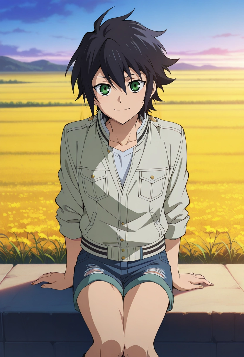 masterpiece, best quality, , anime screencap, anime coloring, official style, looking at viewer, 1boy, solo, male focus, <lora:yuuichirou_hyakuya_ilxl:0.98>, yuuichirou_hyakuya, black hair, green eyes, short hair, hair between eyes, , , focused, field, dawn, legs together, happy, Shorts, Striated Gray Jersey Denim jacket, , Pith helmet,