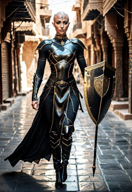 Arab bald hairless tall muscular woman masculine features and posture wearing full black plate ArmoredDress carrying shield and spear no helmet dark glossy skin in an arabian nights city, photo, high res,
