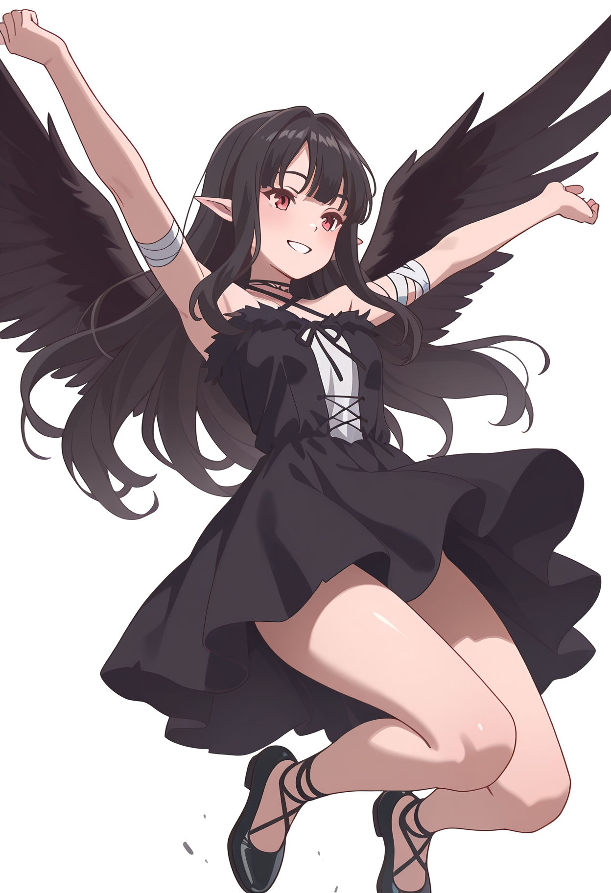 Smooth Quality,masterpiece,very intricate, high quality details, ultra realistic, high detailed skin,detailed enviorement,absurdres,
simple background, white background,
from below,guilt,jumping, arms open, legs bent, smiling, midair,  ,
 <lora:Reese_evecnn:0.8>evecnn,1girl, long hair, black hair, red eyes, pointy ears, bangs, black dress, sleeveless dress, halterneck, criss-cross halter, choker, shoes, black footwear, black wings, feathered wings, bandages,