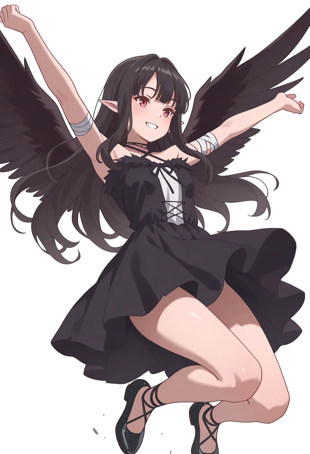 Smooth Quality,masterpiece,very intricate, high quality details, ultra realistic, high detailed skin,detailed enviorement,absurdres,
simple background, white background,
from below,guilt,jumping, arms open, legs bent, smiling, midair,  ,
 <lora:Reese_evecnn:0.8>evecnn,1girl, long hair, black hair, red eyes, pointy ears, bangs, black dress, sleeveless dress, halterneck, criss-cross halter, choker, shoes, black footwear, black wings, feathered wings, bandages,