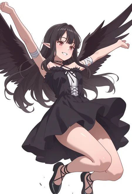 Smooth Quality,masterpiece,very intricate, high quality details, ultra realistic, high detailed skin,detailed enviorement,absurdres,
simple background, white background,
from below,guilt,jumping, arms open, legs bent, smiling, midair, ,
<lora:Reese_evecnn:0.8>evecnn,1girl, long hair, black hair, red eyes, pointy ears, bangs, black dress, sleeveless dress, halterneck, criss-cross halter, choker, shoes, black footwear, black wings, feathered wings, bandages,
