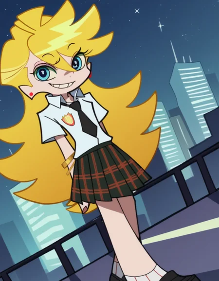 score_9, score_8_up, score_7_up, source_anime, <lora:panty-anarchy-anime-ponyxl-lora-nochekaiser:1>, panty anarchy, blonde hair, blue eyes, ahoge, long hair,, skirt, shirt, jewelry, school uniform, white shirt, pleated skirt, earrings, necktie, collared shirt, bracelet, plaid, plaid skirt, black necktie,, city skyline, rooftop view, night time, city lights, quiet reflection, smile, , knee forward, arm behind back, foot on tiptoe, solo,, cowboy shot, dutch angle