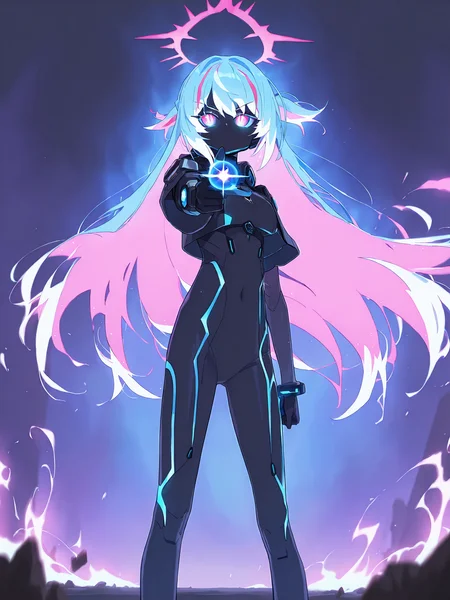 <lora:nai_ILL:0.8>,
<lora:dagashiya_ai_art:0.8>,
<lora:Glowing_Spot_Color_-_Illustrious:0.6>, glowing eyes, streaked hair, glowing inner hair, glowing streaks,
1girl, solo, masterpiece, highres, highly detailed face, highly detailed shining eyes, symmetrical highly detailed eyes, spirit gun, finger gun, blue energy ball, aura, pointing to the side, entire body, legs