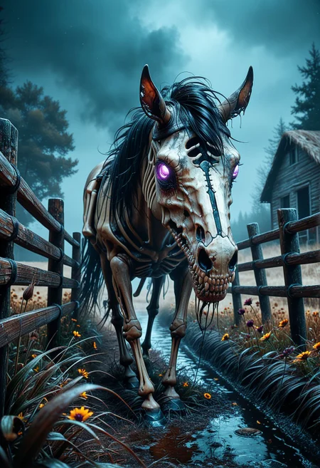 SmoothNoob_Quality, horror \(theme\), a dark flower field and a lake, farm, wooden fence, dried flower, fog, withered, skeleton horse, purple eyes, glowing eyes, sharp teeth, heavy breathing, night, dynamic angle,
<lora:Smooth_Booster:0.5> <lora:Kyu_Yong_Eom_Style_-_Illustrious:0.5>