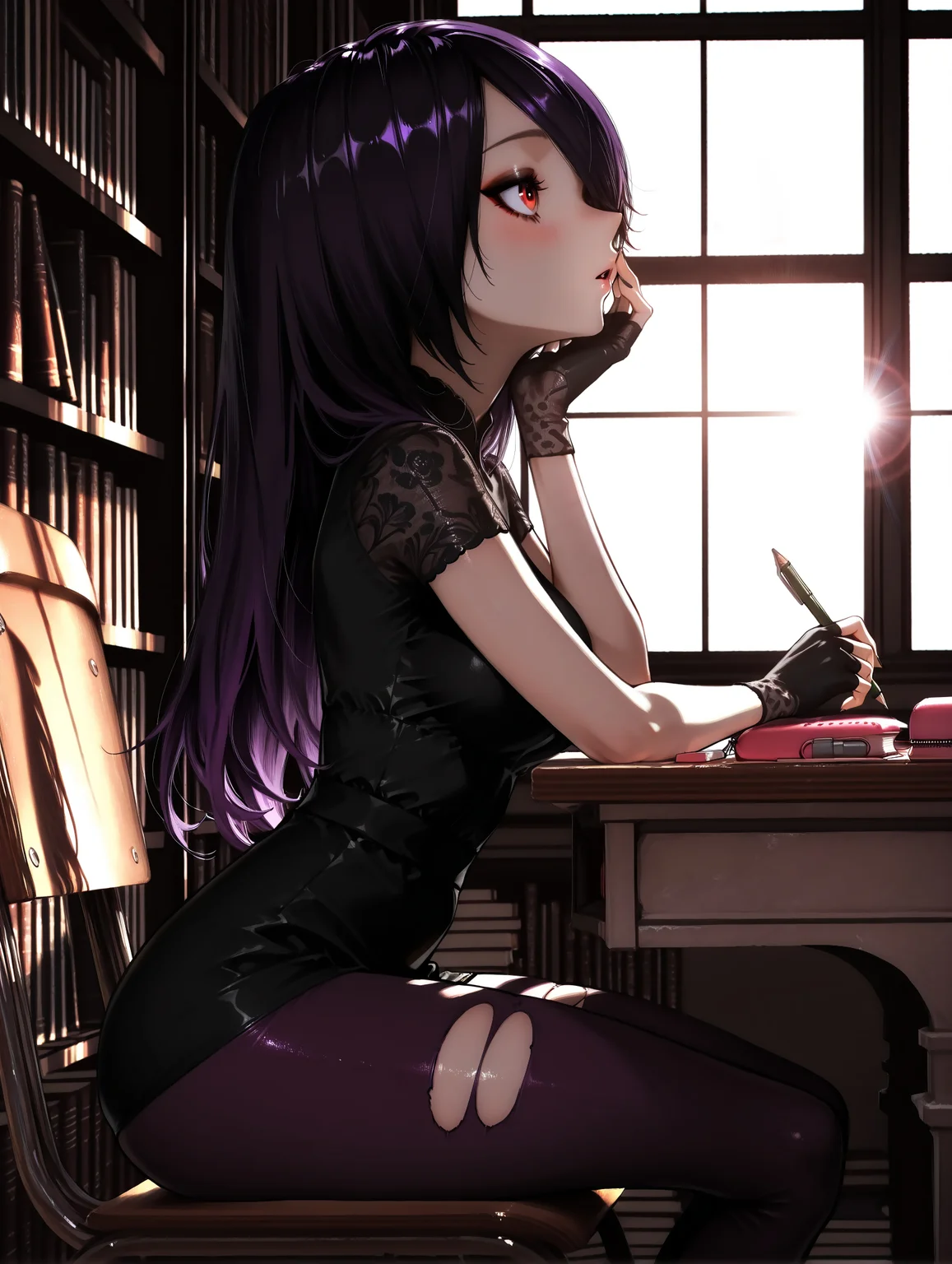 masterpiece, very aesthetic, best quality, hiper-detailed, intricate details, dynamic light, dramatic light, rich colors, 25 years old, medium breast, wide hips, solo, dark, darkness, day, imtdjuleka, 1girl, black hair, purple hair, long hair, hair over one eye, red eyes, brown eyes, two-tone hair, gloves, fingerless gloves, dress, black gloves, short sleeves, black dress, makeup, nail polish, black nails, leggings, torn leggings, eyeshadow, sitting, desk, long sleeves, blush, indoors, holding, chair, from side, holding pen, window, pencil, head rest, profile, holding pencil, silhouette, on chair, shadow, looking to the side, parted lips, eraser, leaning forward, looking ahead, hand on own face, pencil case, sunlight, looking away, open mouth, book, lens flare, blowing, looking up, hand on own cheek, looking outside, notebook, day, thighs, ass, library, elegant library, book shelves, detailed background