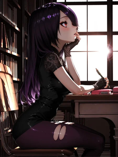 masterpiece, very aesthetic, best quality, hiper-detailed, intricate details, dynamic light, dramatic light, rich colors, 25 years old, medium breast, wide hips, solo, dark, darkness, day, imtdjuleka, 1girl, black hair, purple hair, long hair, hair over one eye, red eyes, brown eyes, two-tone hair, gloves, fingerless gloves, dress, black gloves, short sleeves, black dress, makeup, nail polish, black nails, leggings, torn leggings, eyeshadow, sitting, desk, long sleeves, blush, indoors, holding, chair, from side, holding pen, window, pencil, head rest, profile, holding pencil, silhouette, on chair, shadow, looking to the side, parted lips, eraser, leaning forward, looking ahead, hand on own face, pencil case, sunlight, looking away, open mouth, book, lens flare, blowing, looking up, hand on own cheek, looking outside, notebook, day, thighs, ass, library, elegant library, book shelves, detailed background