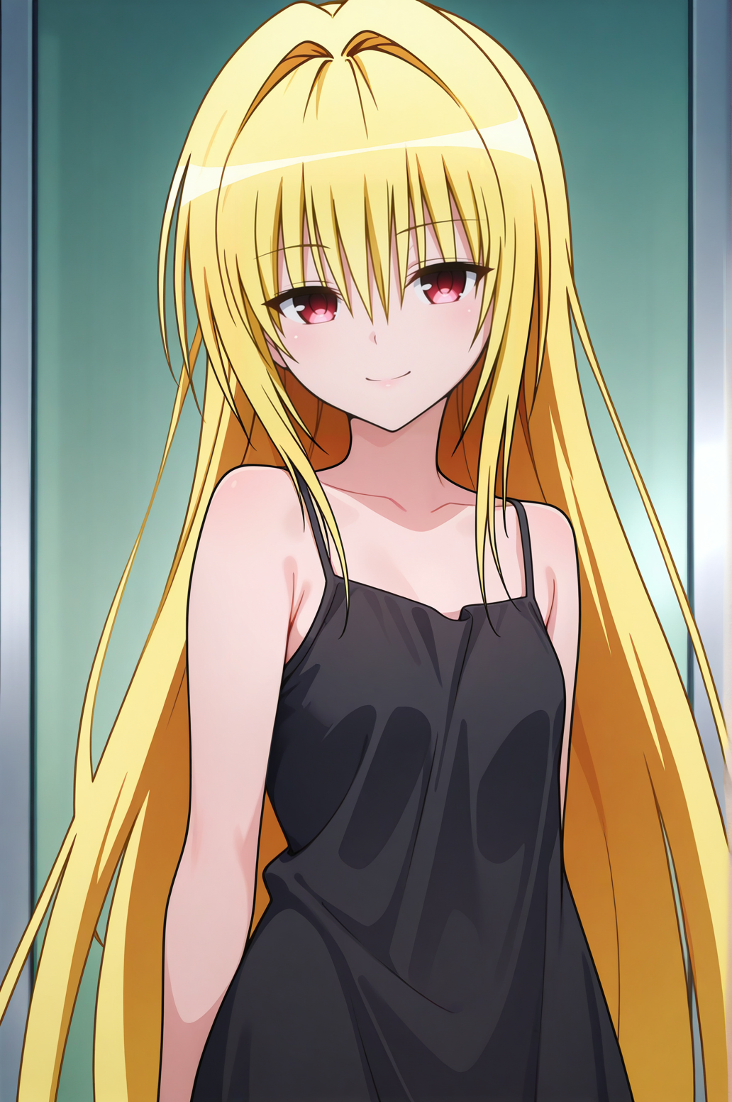 masterpiece, best quality, absurdres, highres, very aesthetic, very awa, BREAK, anime coloring, anime screencap,
<lora:konjiki_no_yami_v3-illustrious_r1:1>, 1girl, konjiki no yami, to love-ru darkness, red eyes, blonde hair,
BREAK, looking at viewer, seductive smile,
BREAK, black chemise, bare shoulders, sleeveless dress,