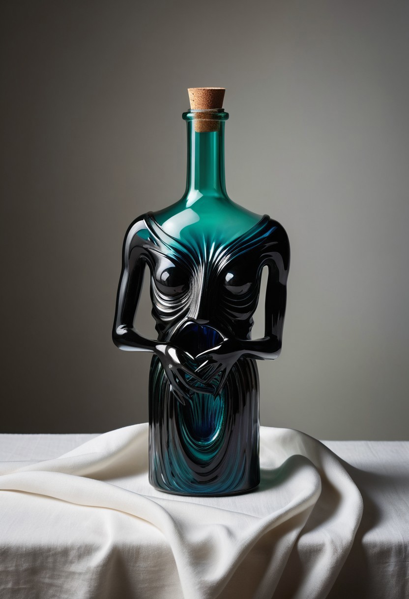 A glass bottle sits on a plain cloth in raking light — inside, instead of liquid, there’s a miniature figure painted in neon colors, arms outstretched, silently screaming from within the vessel., sculptural modernist photography, existential surrealism, psychological distortion, formal organic minimalism, grotesque expressionism, surrealist portraiture, rich black-and-white tonal depth, textural abstraction, emotional intensity, philosophical grotesque, isolated forms with internal rupture, tactile realism meets hallucinatory exaggeration, distorted facial features, meditative horror, metaphysical object study, photographic surreal expressionism, flesh as form and symbol, duality of clarity and chaos