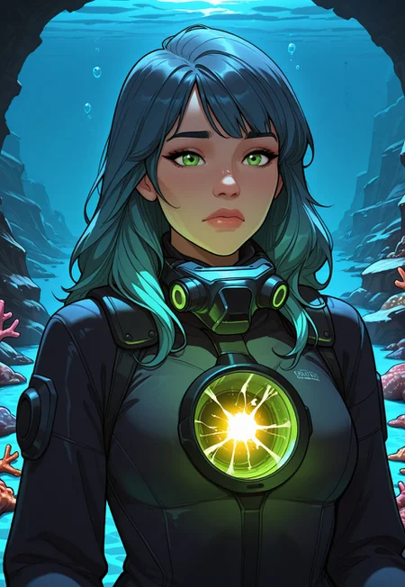 score_9, score_8_up, score_7_up, 1girl, solo, underwater explorer, advanced diving suit with bioluminescent accents and high-tech gadgets, futuristic harpoon gun with a sleek design and glowing energy core, short wavy blue hair with a diving mask, realistic, cinematic angle, cinematic lighting, athletic body, curious face, sparkling green eyes, exploratory pose
BREAK
exploring a sunken ancient city beneath the ocean
BREAK
source_sci-fi_art, rating_explicit, expressive, half body, dynamic pose
BREAK
detailed beautiful background, mystical underwater landscape with ancient ruins and coral reefs, bioluminescent plants and glowing sea creatures, distant shipwrecks and underwater caverns, serene atmosphere with a sense of discovery and wonder
<lora:Expressive_H:0.6>Expressiveh, (SimplepositiveXLv1:1.3), (upper body, full clothed:1.85) ((masterpiece)) (ultra realistic, 32k, masterpiece:1.2), (high detailed skin:1.1), (high quality:1.1) (((full clothed))) <lora:DandonFuga_Style_v.2_-_Pony:0.8> 
<lora:add-detail-xl:1> 
<lora:Dynamic Poses:1>