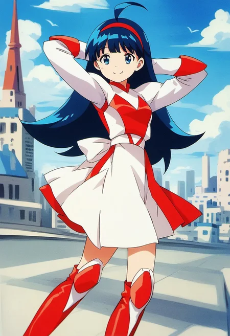 score_9, score_8_up, score_7_up, score_6_up, score_5_up, score_4_up, masterpiece, best quality, very aesthetic, absurdres, source anime,
1girl, solo, <lora:Tsurugino_Hikari_XL:1>, Tsurugino_Hikari, long hair, blue hair, hairband, blue eyes, bangs, ahoge, small breasts,
white cloth, gloves, knee boots, red boots, armor, skirt, smile, long sleeves, looking at viewer, red footwear, walking,
smile, closed mouth, arms behind head, outdoor, cityscape, cloud sky,
