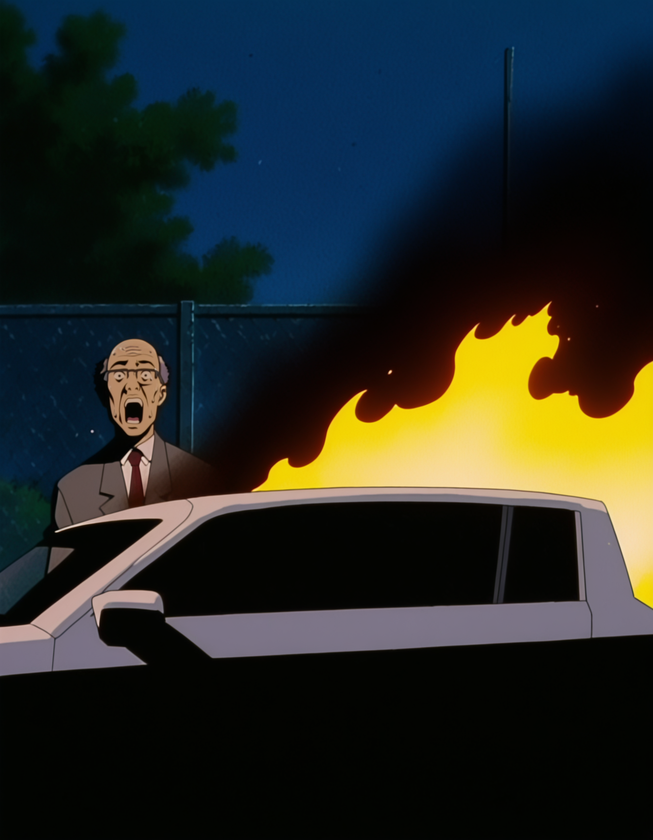 pixel-perfect masterpiece, best quality, highres, highly detailed, parody, outdoors, white car, burning car, school yard,
1boy, Vice Principal,  surprised, open mouth, glasses, sweat, balding,  male focus,
skin texture, textured, 
anime screenshot, (artist: sabudenego:0.6),  (by abara heiki:0.4), by higashiyama shou, (by incase:0.4), 
 <lora:Great Teacher Onizuka 2.0 Illustrious-000063:0.8>